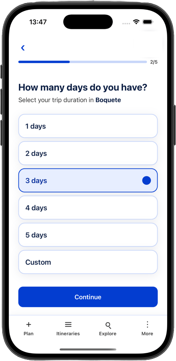 Trip Panama app screenshot showing trip planning